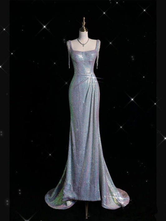 Sexy Mermaid Spaghetti Straps Sequin Silver Evening Gowns Long Prom Dresses