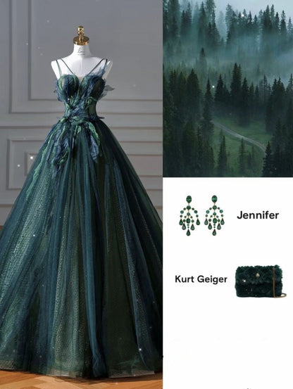 Sexy Ball Gown Strapless Green Tulle Long Evening Gowns Prom Dresses