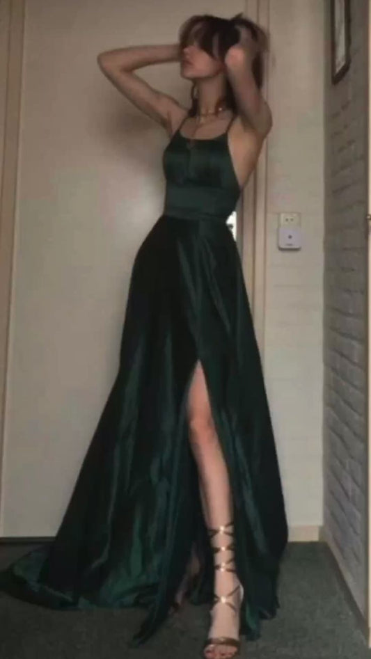 Sexy A Line Halter Dark Green Satin Long Evening Gowns Prom Dresses