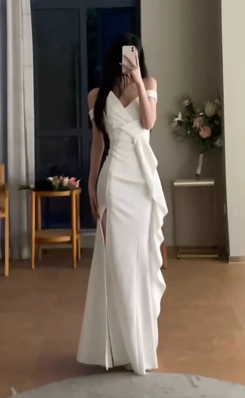 Sexy Mermaid Strapless White Satin Long Evening Gowns Prom Dresses