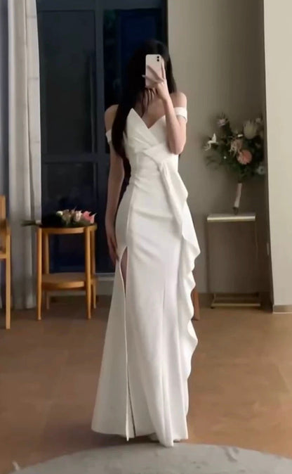 Sexy Mermaid Strapless White Satin Long Evening Gowns Prom Dresses