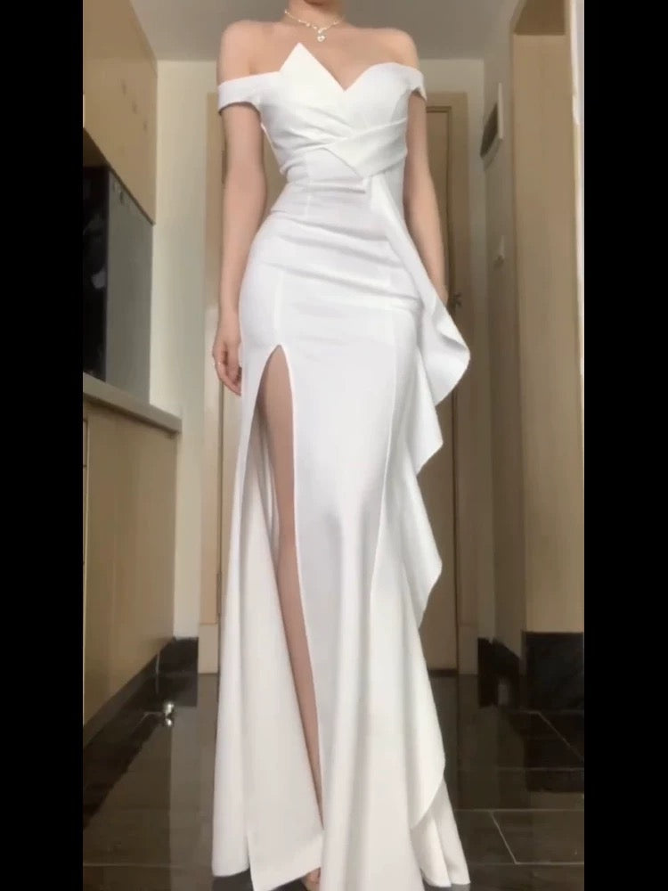 Sexy Mermaid Strapless White Satin Long Evening Gowns Prom Dresses