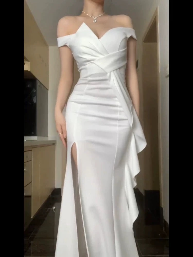 Sexy Mermaid Strapless White Satin Long Evening Gowns Prom Dresses