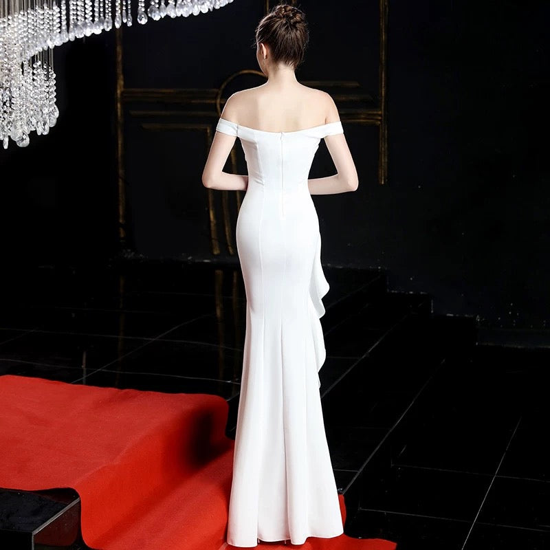 Sexy Mermaid Strapless White Satin Long Evening Gowns Prom Dresses