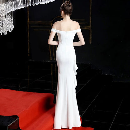 Sexy Mermaid Strapless White Satin Long Evening Gowns Prom Dresses