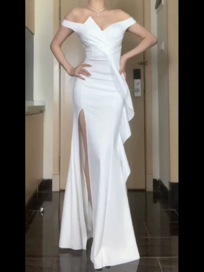 Sexy Mermaid Strapless White Satin Long Evening Gowns Prom Dresses