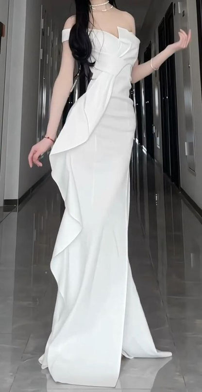 Sexy Mermaid Strapless White Satin Long Evening Gowns Prom Dresses
