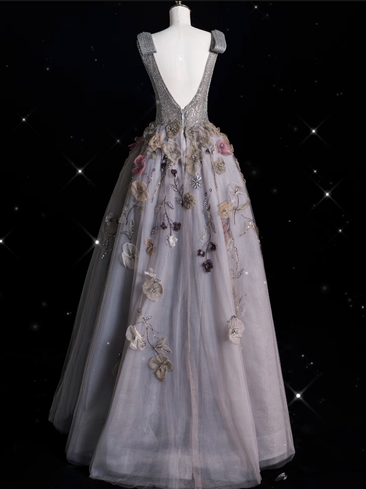 Sexy Ball Gown V Neckline Gray Tulle Floral Long Evening Gowns Prom Dresses