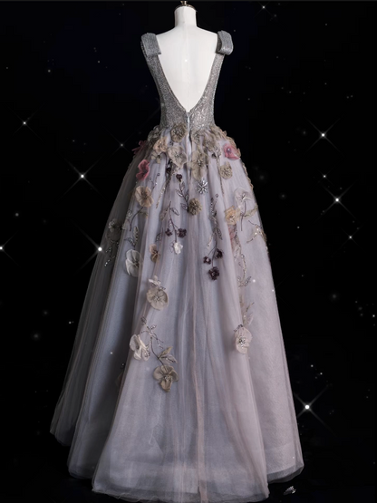 Sexy Ball Gown V Neckline Gray Tulle Floral Long Evening Gowns Prom Dresses