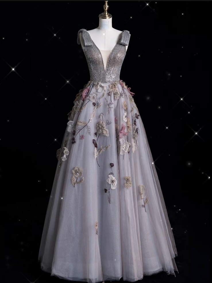 Sexy Ball Gown V Neckline Gray Tulle Floral Long Evening Gowns Prom Dresses