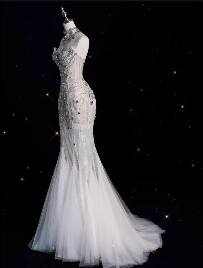Vintage Sparkling Beaded Mermaid Design Strapless Princess Wedding Dress, D1588