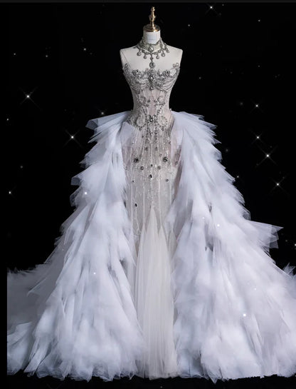 Vintage Sparkling Beaded Mermaid Design Strapless Princess Wedding Dress, D1588