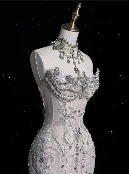 Vintage Sparkling Beaded Mermaid Design Strapless Princess Wedding Dress, D1588
