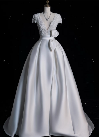 Aesthetic Ball Gown V Neckline Satin White Long Wedding Dresses Brides Dress