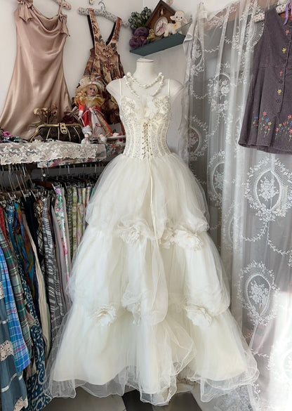 Vintage Ball Gown Spaghetti Straps Sleeveless Long White Evening Dress Prom Dresses