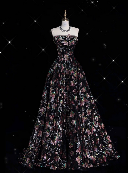 Vintage Fashion Ball Gown Strapless Black Floral Floor Length Evening Dress Prom Dresses