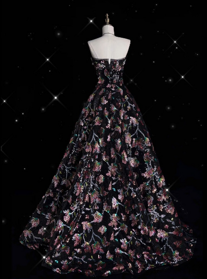 Vintage Fashion Ball Gown Strapless Black Floral Floor Length Evening Dress Prom Dresses