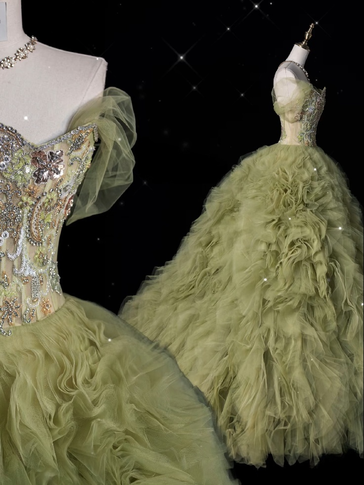 Aesthetic Ball Gown Sweetheart Sage Green Tulle Party Dress Long Prom Dress Evening Dresses
