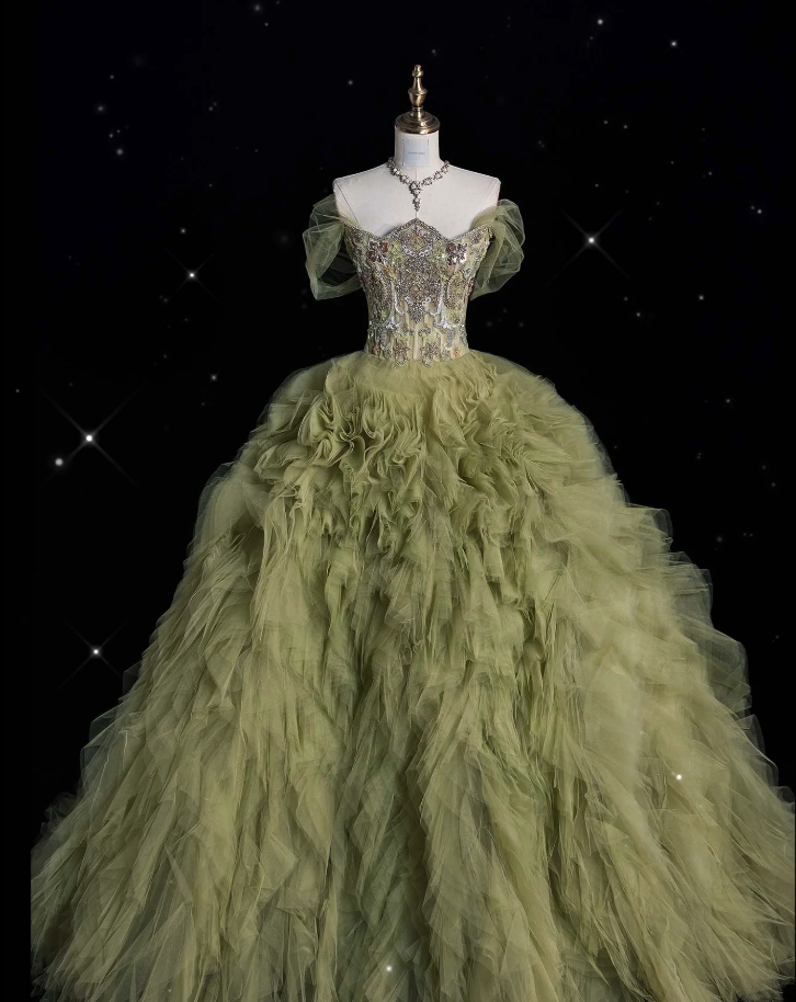 Aesthetic Ball Gown Sweetheart Sage Green Tulle Party Dress Long Prom Dress Evening Dresses
