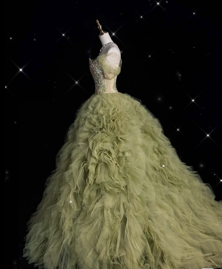 Aesthetic Ball Gown Sweetheart Sage Green Tulle Party Dress Long Prom Dress Evening Dresses