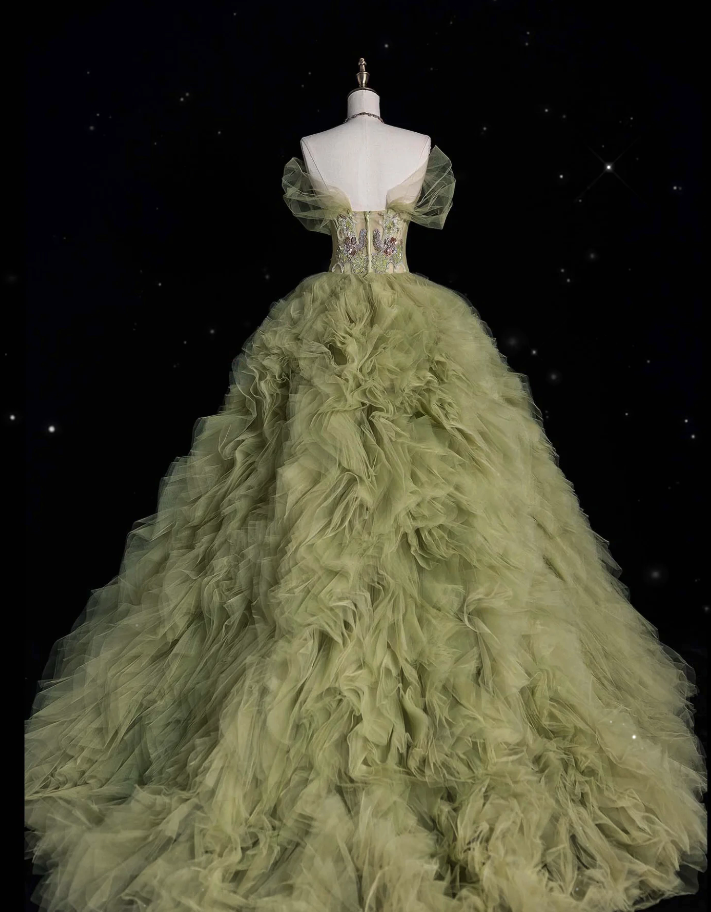Aesthetic Ball Gown Sweetheart Sage Green Tulle Party Dress Long Prom Dress Evening Dresses
