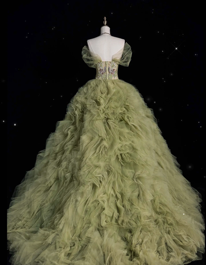 Aesthetic Ball Gown Sweetheart Sage Green Tulle Party Dress Long Prom Dress Evening Dresses
