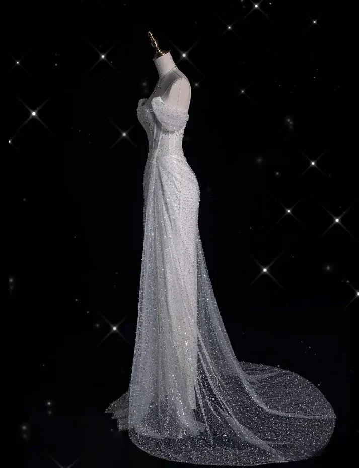 Elegant Sparkling Sequin Mermaid Design Off-the-shoulder Princess Wedding Dress, D1589