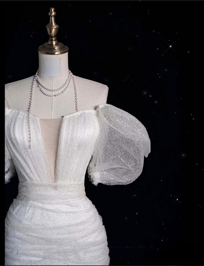 Unique Ball Gown Off The Shoulder Sequin Short Sleeves White Wedding Dresses Brides Dress