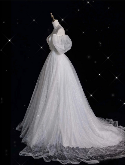 Unique Ball Gown Off The Shoulder Sequin Short Sleeves White Wedding Dresses Brides Dress