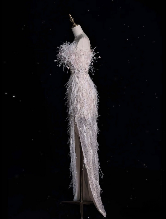Classy Mermaid Strapless Feathers Floor Length Evening Dress Sequin Prom Dresses SD1937