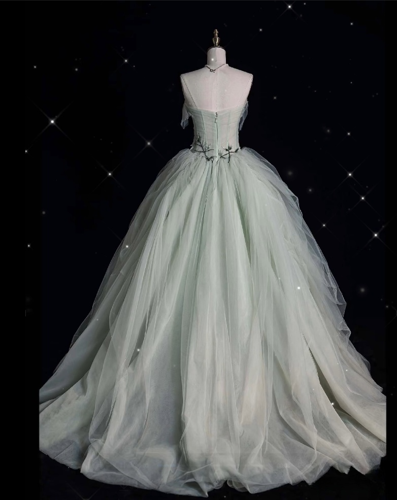 Classy Ball Gown Strapless Sage Green Tulle Party Dress Long Prom Dress Evening Dresses