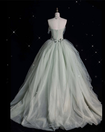 Classy Ball Gown Strapless Sage Green Tulle Party Dress Long Prom Dress Evening Dresses