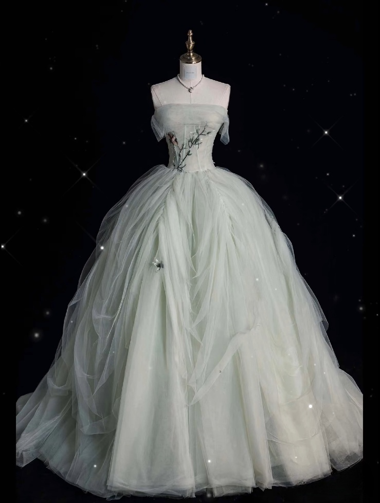 Classy Ball Gown Strapless Sage Green Tulle Party Dress Long Prom Dress Evening Dresses