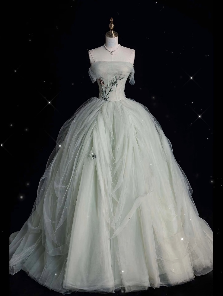 Classy Ball Gown Strapless Sage Green Tulle Party Dress Long Prom Dress Evening Dresses