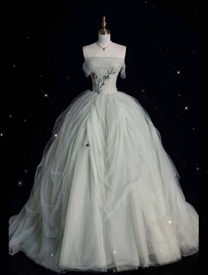 Classy Ball Gown Strapless Sage Green Tulle Party Dress Long Prom Dress Evening Dresses