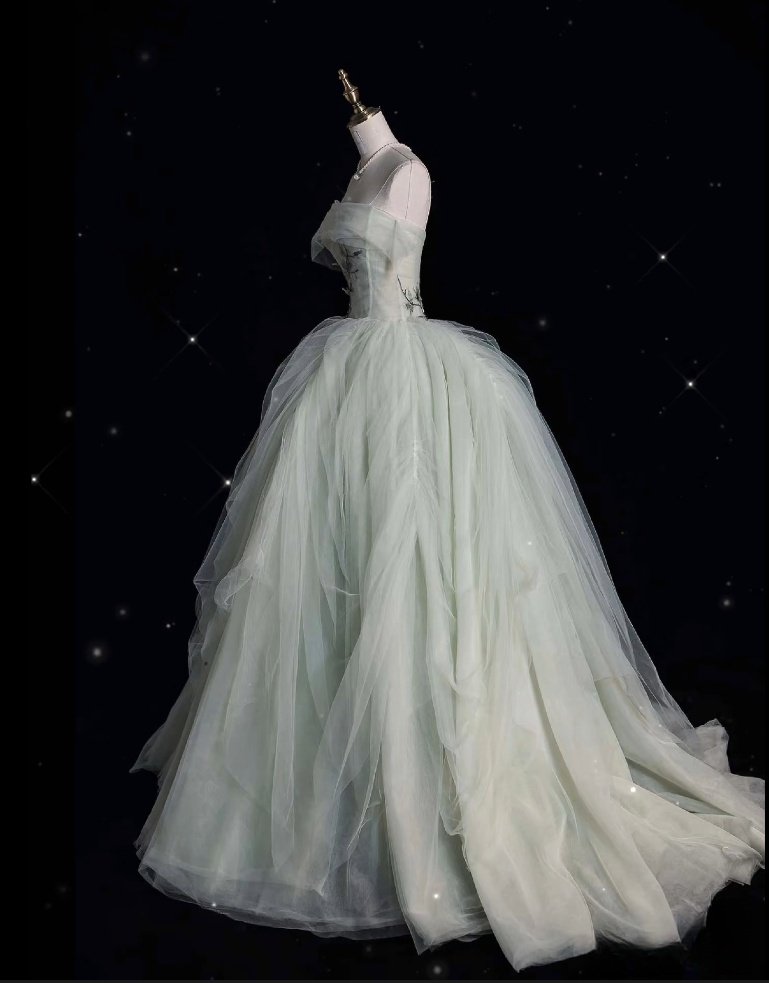 Classy Ball Gown Strapless Sage Green Tulle Party Dress Long Prom Dress Evening Dresses
