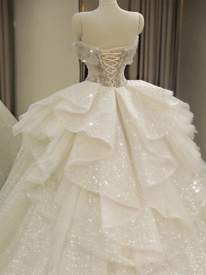 Unique Ball Gown Off The Shoulder Sequin Short Sleeves White Wedding Dresses Brides Dress