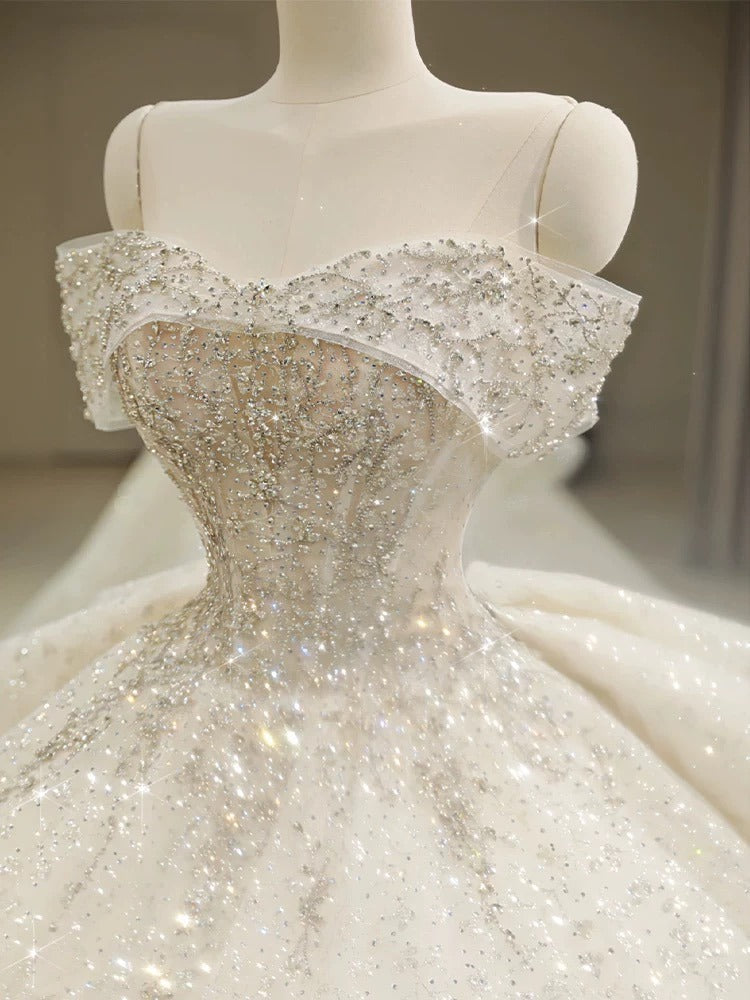 Unique Ball Gown Off The Shoulder Sequin Short Sleeves White Wedding Dresses Brides Dress