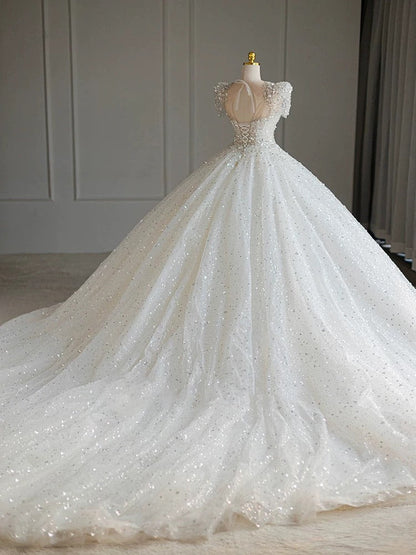 Pretty Ball Gown Square Neckline Short Sleeves Sequin White Wedding Dresses Brides Dress
