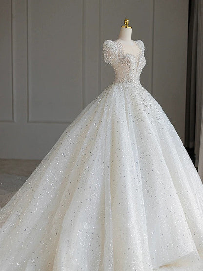 Pretty Ball Gown Square Neckline Short Sleeves Sequin White Wedding Dresses Brides Dress