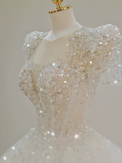 Pretty Ball Gown Square Neckline Short Sleeves Sequin White Wedding Dresses Brides Dress