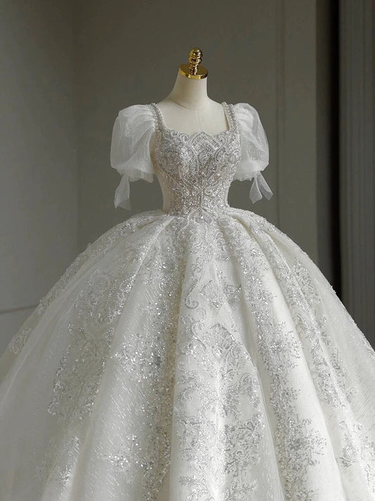 Pretty Ball Gown Square Neckline Short Sleeves Sequin White Wedding Dresses Brides Dress