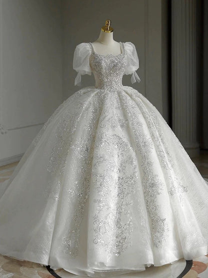 Pretty Ball Gown Square Neckline Short Sleeves Sequin White Wedding Dresses Brides Dress