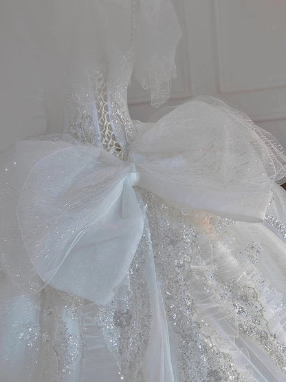 Pretty Ball Gown Square Neckline Short Sleeves Sequin White Wedding Dresses Brides Dress