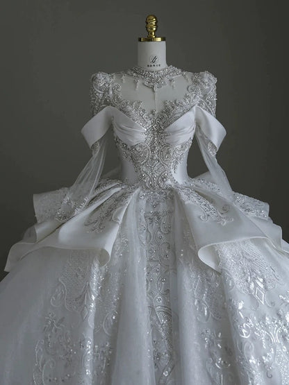 Pretty Ball Gown Scoop Neckline Long Sleeves Sequin White Wedding Dresses Brides Dress