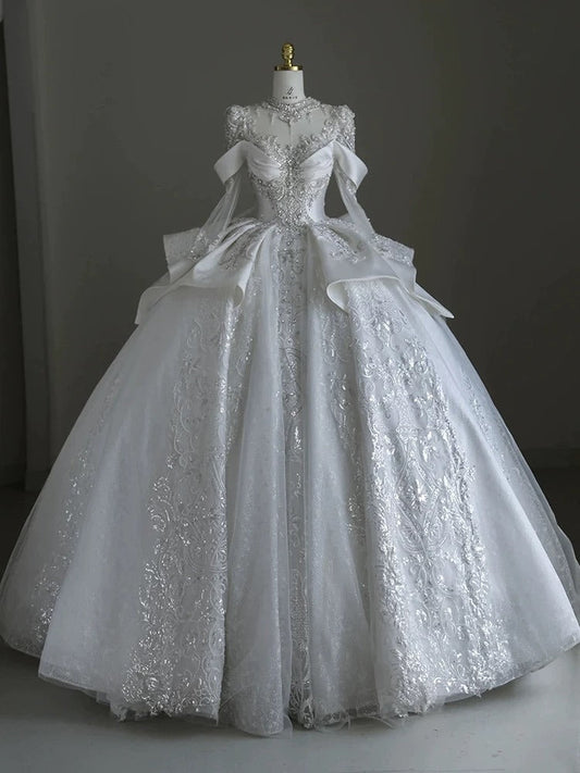 Pretty Ball Gown Scoop Neckline Long Sleeves Sequin White Wedding Dresses Brides Dress