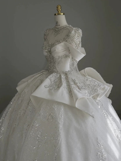 Pretty Ball Gown Scoop Neckline Long Sleeves Sequin White Wedding Dresses Brides Dress