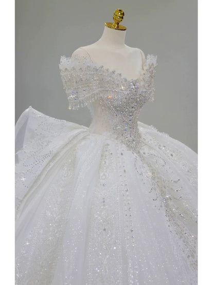Pretty Ball Gown Off The Shoulder Short Sleeves Sequin White Wedding Dresses Brides Dress