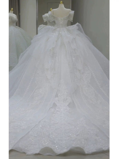 Pretty Ball Gown Off The Shoulder Short Sleeves Sequin White Wedding Dresses Brides Dress