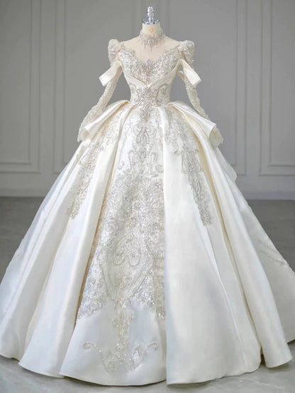 Luxury Ball Gown High Neckline Long Sleeves Sequin White Wedding Dresses Brides Dress